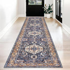 KOZYFLY Runners for Hallways 2.6x12 Ft Extra Long Washable Kitchen Boho Runner Rug for Entryway Indoor Gold Navy Printed Faux Wool Stair Runner Floor Carpet Runner for Stair Kitchen Hall