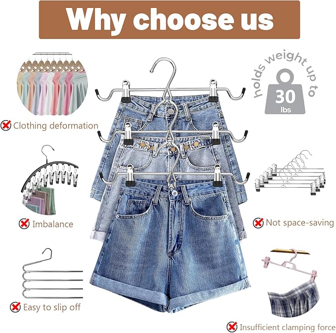 Pants Hangers Space Saving,Stackable Skirt Hangers with Clips, Hanging Closet Organizer and Storage,Clothes Hangers, College Dorm Essentials Apartment Essentials- 16 Pack