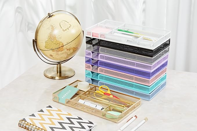 Annova Desk Drawer Organizer Tray for Office Organization - Metal Mesh - Storage Tray with Dividers for Pens, Desktop Accessories, Bathroom, Kitchen, Makeup and Office Supplies (Small, Black)