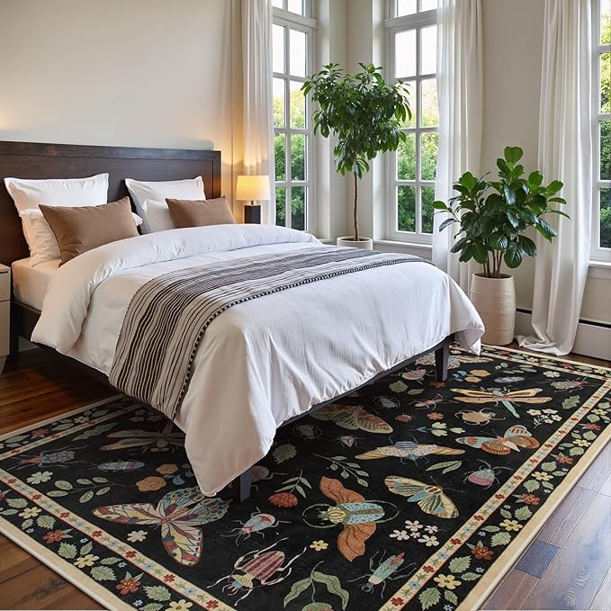 Lahome Insect 9x12 Area Rugs for Living Room Bedroom, Soft Washable Rugs 9x12 Stain Resistant, Ultra-Thin Non-Slip Non-Shedding Accent Carpet for Dining Room Office, Black
