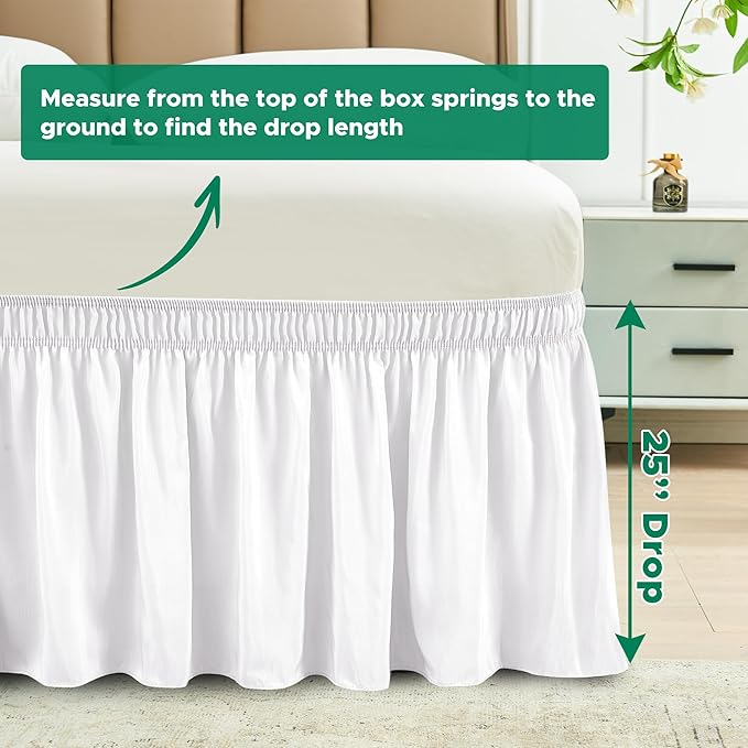 Biscaynebay Wrap Around Bed Skirts for Twin & Twin XL Beds with Extra Long Drop of 25", White Adjustable Elastic Dust Ruffles Easy Fit Wrinkle Resistant Silky Luxurious Fabric Machine Washable