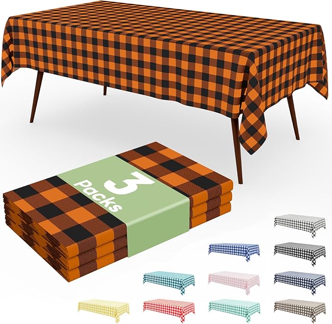 Smiry 3 Pack Gingham Disposable Table Cloth, 54 x 108 Inch Waterproof Plastic Tablecloth, Rectangle Black and Orange Checkered Table Covers for Picnic, Birthday, Party