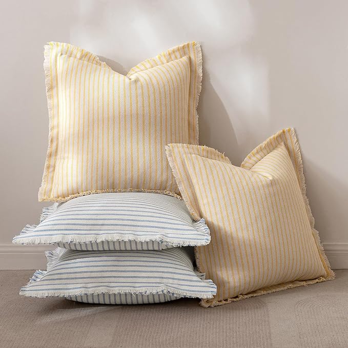 MIULEE Pack of 2 Light Blue Pillow Covers 18x18 Inch Striped Farmhouse Couch Spring Throw Pillow Covers with Fringe Chic Cotton Decorative Cushion Covers for Sofa Living Room Bed Outdoor Home Decor
