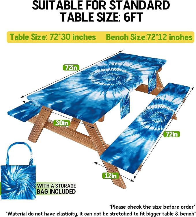Picnic Table Cover with Bench Covers Camping Essentials Windproof Waterproof Patio Outdoor Tablecloth with Storage Bag, Fitted Rectangle Tables and Seats Tablecover for Rv Owner Camper 72in