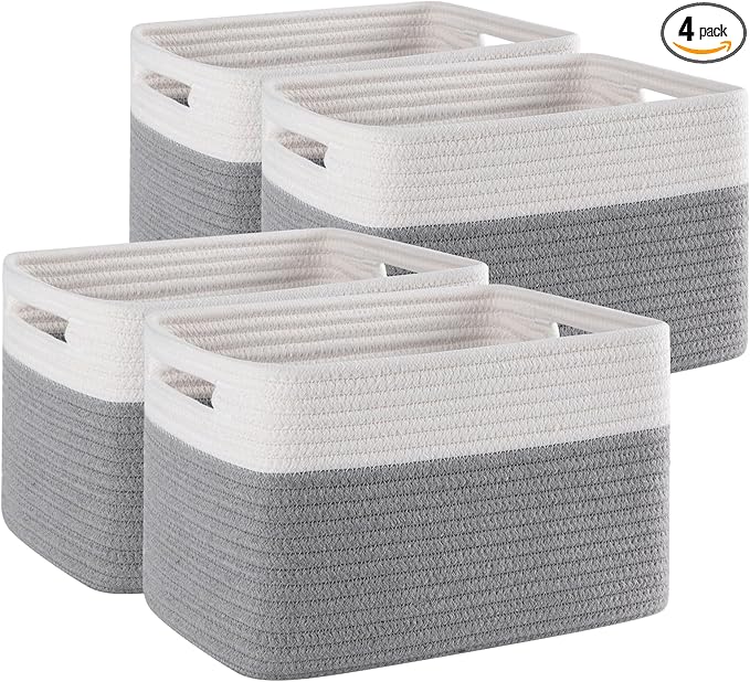 4 Pack Storage Baskets for Organizing, Woven Baskets for Shelves - Perfect for Toys, Books, Towels, and Clothes, Durable Gift Basket Bins Toy Storage, 12.7''L x9''W x7.8''H, Grey and White