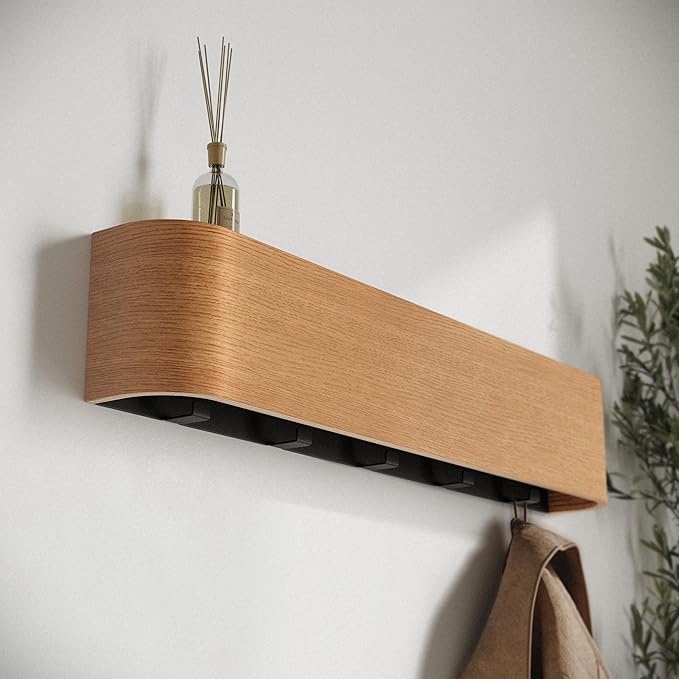 Kazai. Wall-Mounted Coat Rack 'Toke' - Modern Design Coat Rack with Hidden Wall Hooks - Solid Wood Veneer Panel Coat Hanger - Oak