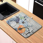 Fall Blue Orange Grey Pumpkin Kitchen Dish Drying Mat for Kitchen Counter 18x24 Inch Autumn Teal Flowers Drying Mat Thanksgiving Harvest Dish Drainer Mat Super Absorbent Dish Rack Pad for Coffee Bar
