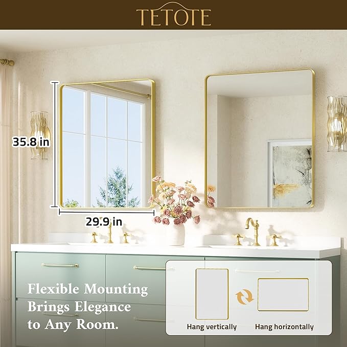 TETOTE Gold Mirrors for Wall 30 x 36 Inch Brushed Gold Bathroom Mirrors, Tempered Glass, Modern Farmhouse Wall Mounted Mirror for Decorative(Horizontal/Vertical)