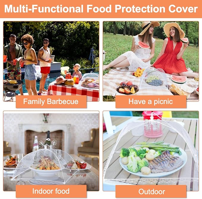 Husfunov 6 Pack Mesh Food Covers,17"Lx17"W Large Food Cover,White Nylon Covers,Pop-Up Serving Dish Covers Tent Umbrella,for Patio Net for Outdoor Camping, Picnics, Parties,BBQ,Collapsible and Reusable