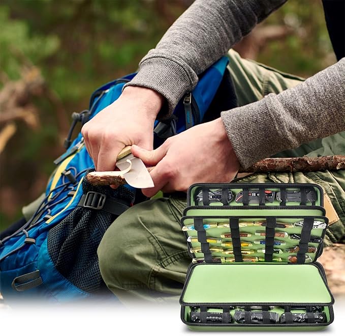 GWCASE Display Case for 66+ Pocket Knives. Folding Holder, Butterfly Storage Organizer, Roll Collection Pouch Carrier Bag for Survival Tactical Outdoor for EDC Mini Knife -Green