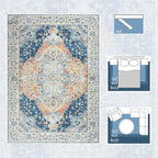 Large Area Rugs 9x12, Low Pile Washable Rugs - Soft Vintage Distressed Rugs for Living Room Bedroom, Office, Dining Room, Water Repellent & Non Shedding, Blue and Orange