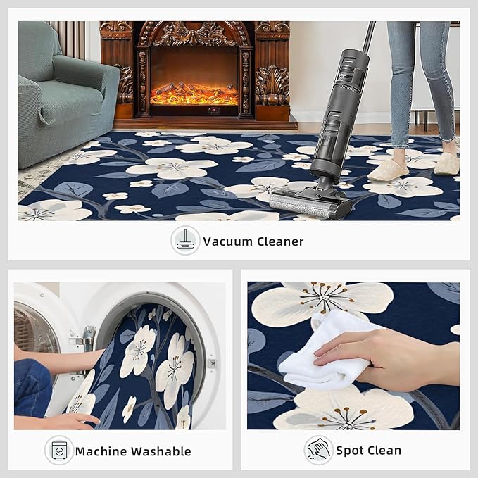 Boho Rugs for Bedroom - 5x8 Area Rug - Blue White Flowers Rugs for Living Room, Vintage Modern Flowers Rug, Washable Home Decor Carpet