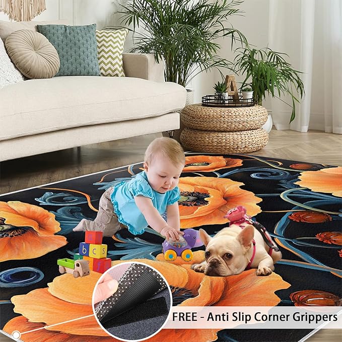 6x8 Poppy Classroom Rugs - Retro Florals Art Playroom Rug, Rustic Flowers Art Carpet Area Rug for Girls Bedroom Kids Room Basement Office Classroom