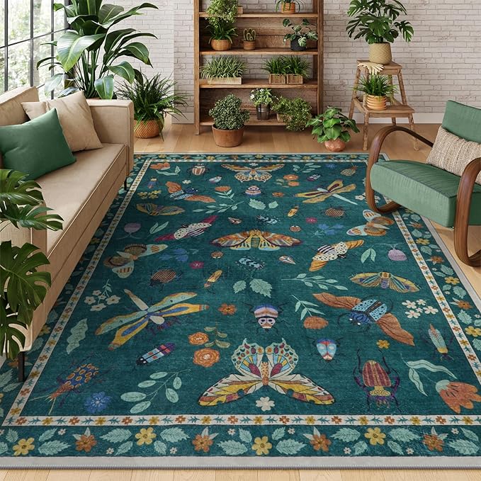 Lahome Insect Print 5x7 Area Rugs for Living Room, Soft Washable Rugs for Bedroom Ultra-Thin Non Slip Modern Rug, Stain Resistant Throw Rug Carpet for Office Nursery Dining Room(5'x7',Dark Green)