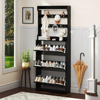 Shoe Cabinet for Entryway with 3 Flip Drawers, Black Tall Wood Shoe Storage Cabinet with Coat Rack, Narrow Hidden Slim Freestanding Shoe Rack Organizer, 2 in 1 Hall Tree for Living Room, Hallway