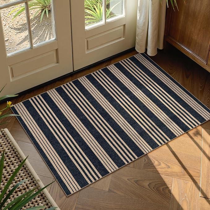 Lahome Striped Easy Jute Front Door Mat, 2x3 Washable Kitchen Rug Small Indoor Outdoor Rugs for Entryway, Farmhouse Neutral Lightweight Non Slip Black Carpet for Foyer
