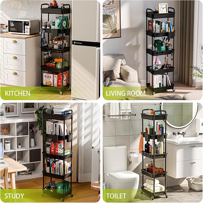 Sorgion 5 Tier Rolling Cart Organizer,Bathroom Cart Organizers with Wheels Laundry Room Organization Mobile Shelving Unit Utility Cart Storage Shelves Multi-Functional for Office, Home(Black)