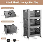 Stackable Storage Bins, Foldable Closet Organizers and Storage Bins Box, Plastic Shelves Drawer Organizer Container for Closet Office Bedroom Kitchen Bathroom with Wheels, Grey, 3 Pack