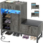 Armocity Shoe Cabinet Storage for Entryway - Freestanding Shoe Rack Bench with LED Lights & Power Outlets, Reversible Shoe Storage Cabinet Organizer with Drawer and Hidden Compartment, Grey Oak