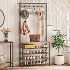 HOOBRO Hall Tree, Coat Rack with Shoe Rack, Hall Tree with Bench, 5 Tier Shoe Storage Organizer with 9 Hooks for Entryway, Closet, Sturdy, Industrial, Greige and Black BG80MT01G2