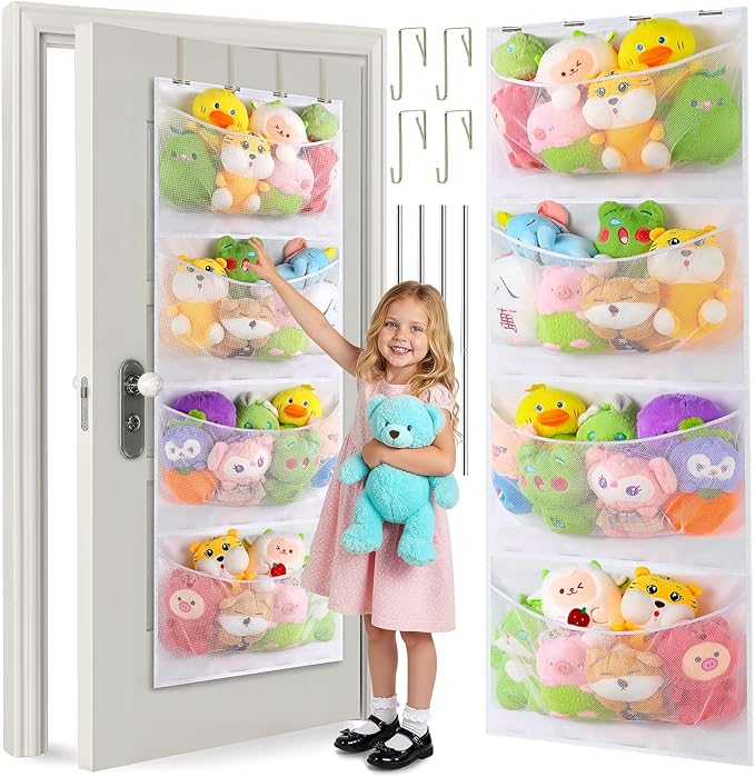 Upgraded Assembly Type Stuffed Animal Storage. Original Design & Patented, 4 Components Over the Door Organizer, Adjustable Stuffed Animals Storage, Suitable for Doors and Walls of Various Heights.