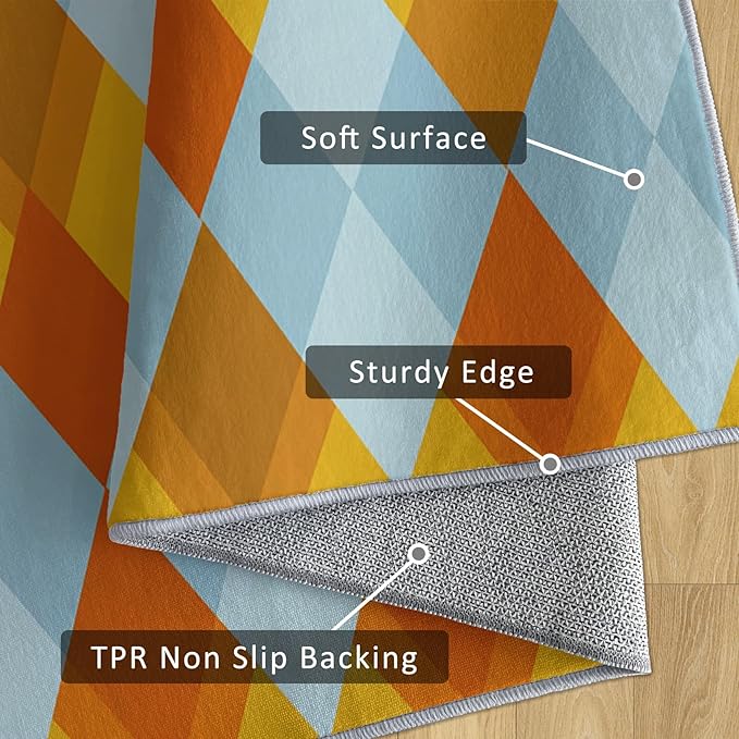 Washable 4x4 Diamond Rug Living Room, Geometric Orange and Blue Plaid Design Area Rugs for Bedroom, Diamond Home Decor Carpet, Low Pile, Non Slip, Kids & Pet Friendly (N4137)