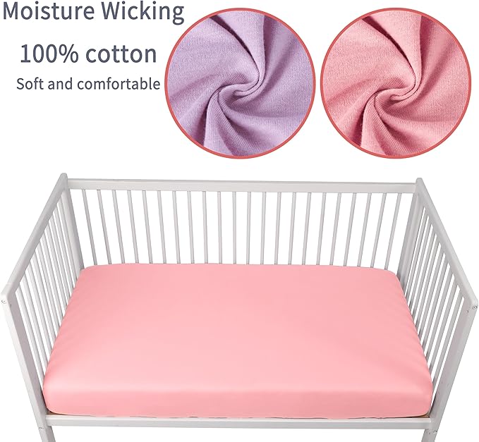 Crib Sheets for Boys Girls,100% Cotton Fitted Crib Sheet 2 Pack for Standard Crib and Toddler Mattress, Super Soft Breathable Baby Sheet 28x52x8in (Purple & Pink)