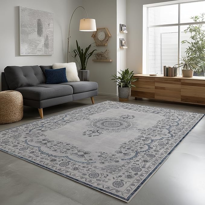 4x6 Washable Area Rug for Living Room, Carpet for Bedroom, Soft Faux Wool Retro Dining Room Rug, Non Slip&Non-Shedding Resistant Low Pile Vintage Print Rug for Home Office (Grey/Blue)