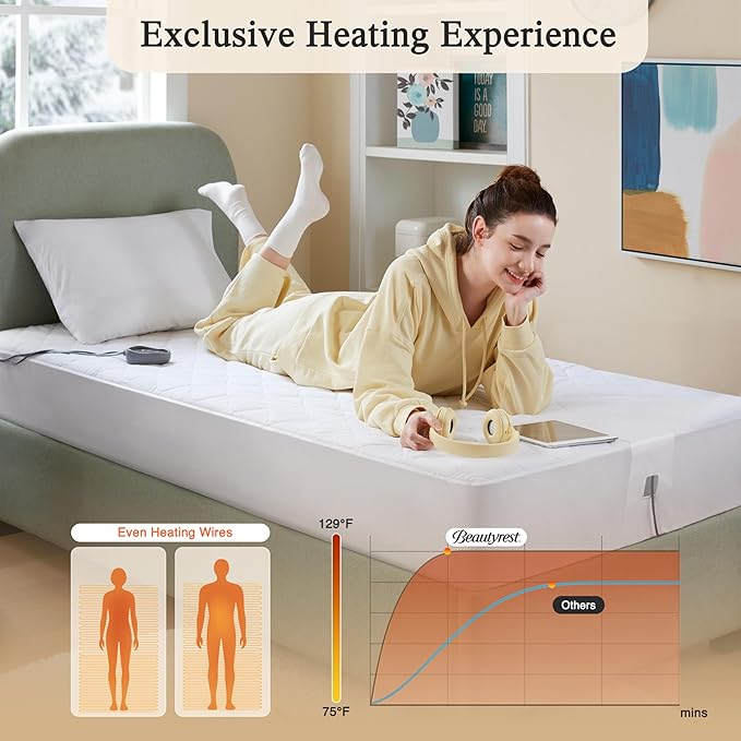 Beautyrest Cotton Blend Heated Mattress Pad Secure Comfort Technology - Luxury Quilted Electric Mattress Pad with Deep Pocket - 5-Setting Heat Controllers, Twin XL , White