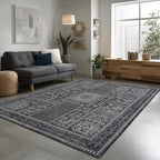 Washable Rugs 5x7 Area Rugs for Living Room, Thin Carpet for Bedroom, Soft Faux Wool Retro Dining Room Rug，Non Slip&Non-Shedding Resistant Low Pile Vintage Print Rug for Home Office (Grey)
