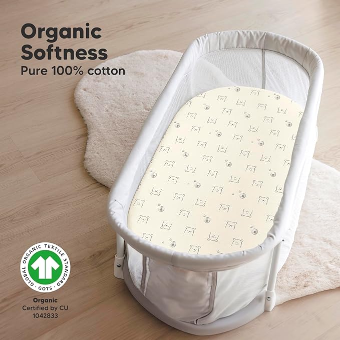 2-Pack Organic Bassinet Sheets for Girls, Boys - 100% Cotton Bassinet Mattress Sheets Compatible with Halo Bassinest Swivel Sleeper, Graco, Baby Delight, Chicco, Fitted Bassinet Sheets (Bumble Bear)