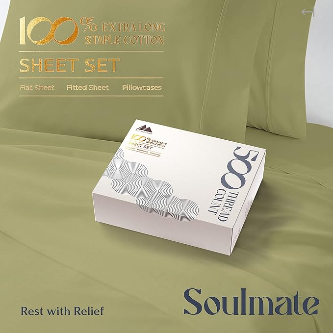 Mayfair Linen 500 Thread Count Twin Cotton Sheets - 3 PC Twin Size Bed Sheet Set Cotton (Sage Green), Soft, Cooling, Sateen Hotel-Quality 16" Deep Pocket Bedsheet for Hot Sleepers (Fits 18" Mattress)