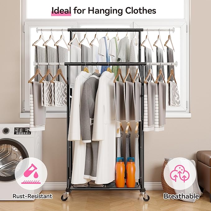 SUFAUY Commercial 80" H Clothes Rack for Hanging Dresses, Extend 50“L Double Rolling Garment Rack on Lockable wheels with Adjustable Rod and Storage Shelves, Load 350 LBS, Black