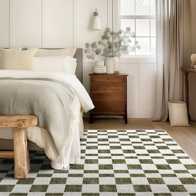 EVERGRACE Checkered Plaid Area Rug 6x9, Soft Fuzzy Faux Wool Rugs Washable Anti Slip Rugs Large Rug Carpet for Entryway Bedroom Living Room Hallway Kitchen Dining Room and Laundry Room, Olive Green