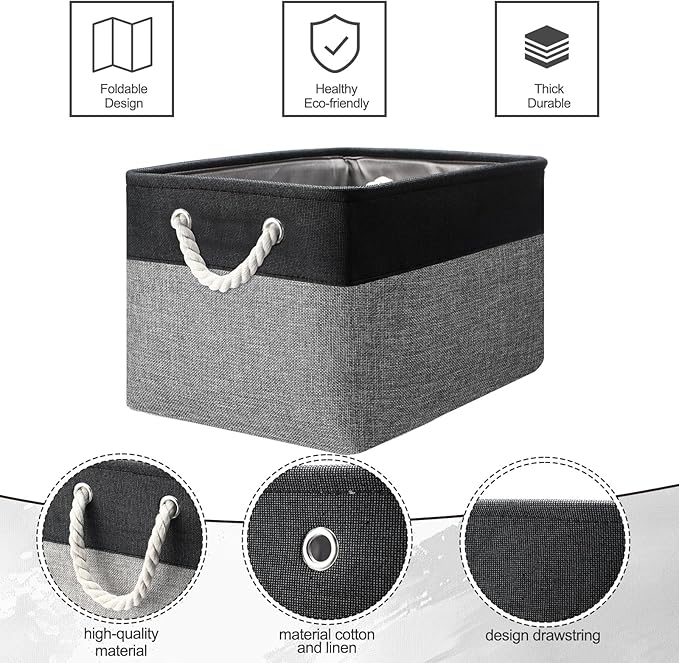 meekoo 8 Pack Collapsible Storage Bins Fabric Storage Bins Polyester Fabric Baskets with Handles Linen Closet Organizer for Shelf Home Closet Towels Toys(15 x 11 x 9.5 in,Black Gray)