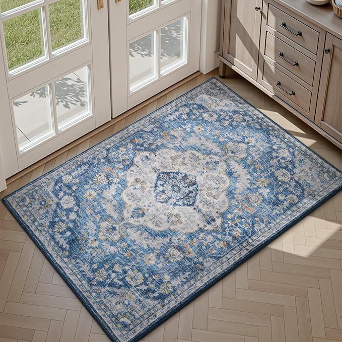 tchdio 2x3 Entryway Rug, Non Slip Front Door Mat Small Washable Rugs, Soft Low Pile Small Area Rug Vintage Doormat, Stain Resistant Rug for Entrance, Kitchen (Blue, 2'x3')