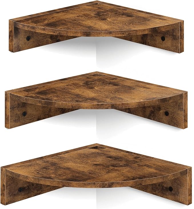 Homode Corner Shelf Wall Mount, Set of 3 Floating Corner Shelves with Cord Hole, 3 Tier Wood Wall Display Shelf, Storage for Bathroom Living Room Kitchen Bedroom, Rustic Brown and Black