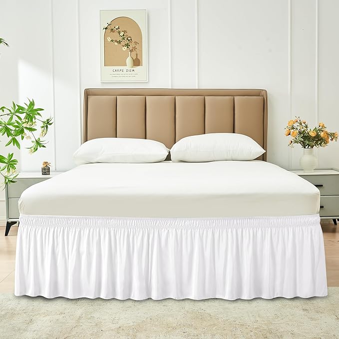 Biscaynebay Wrap Around Bed Skirts for Queen Beds with Extra Long Drop of 25", White Adjustable Elastic Dust Ruffles Easy Fit Wrinkle Resistant Silky Luxurious Fabric Machine Washable