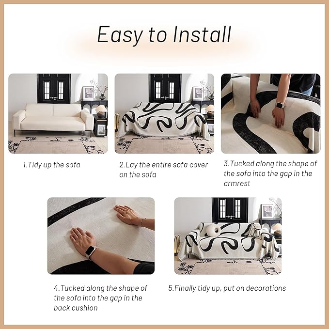 MYSKY HOME Couch Cover for 3 Cushion Couch Sofa Cover, Super Soft Boho Couch Covers for Dogs Washable, Jacquard Sofa Slipcover Furniture Protector for Living Room, 91" x 150", Black Curve
