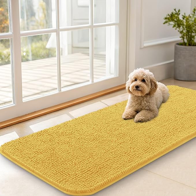 OLANLY Dog Door Mat for Muddy Paws 47x20, Absorbs Moisture and Dirt, Absorbent Non-Slip Washable Doormat, Quick Dry Chenille Mud Mat for Dogs, Entry Indoor Entryway Carpet for Inside Floor, Yellow