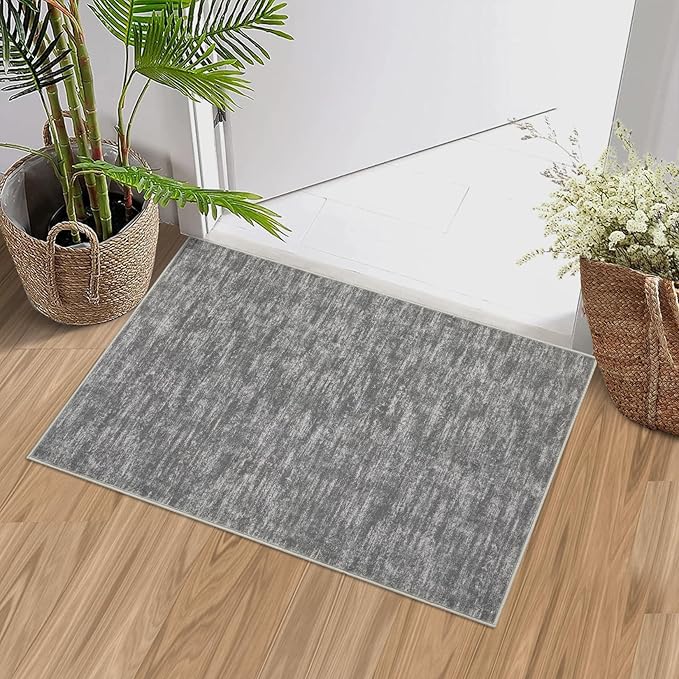 RUGSREAL Small Area Rug 2x3 Entryway Rug Washable Contemporary Bath Mat Modern Solid Indoor Throw Carpet Machine Washable Non-Slip Low-Pile Area Rug for Living Room Bedroom Laundry, 2' x 3' Grey
