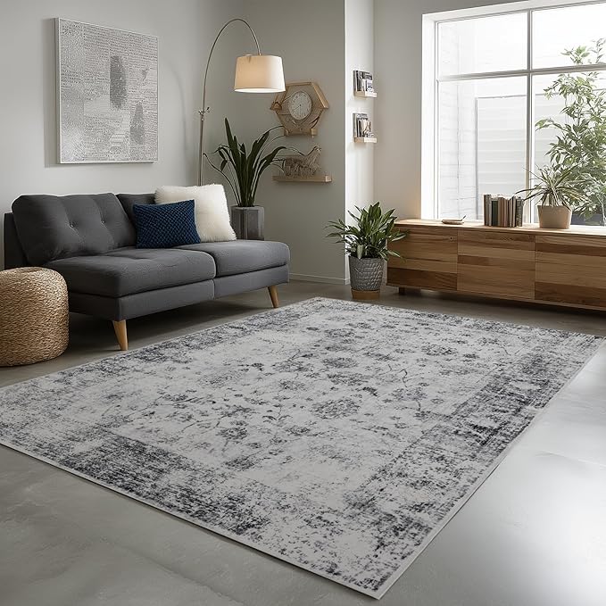 Washable 6x9 Area Rug for Living Room, Carpet for Bedroom Dining Room, Non Slip&Non-Shedding Resistant Low Pile Vintage Print Rug for Home Office ((White/Grey)