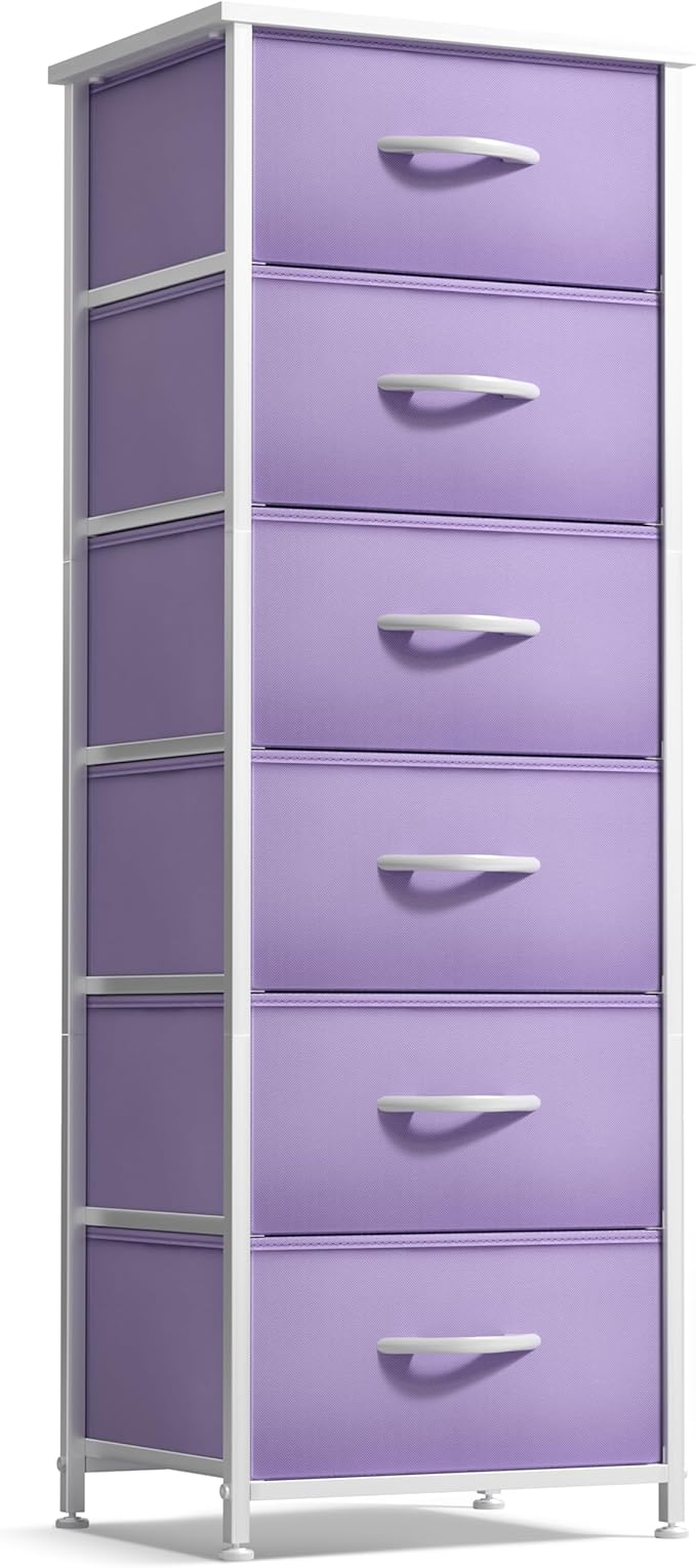Sorbus Fabric Dresser for Kids Bedroom - Chest of 6 Drawers, Tall Storage Tower, Clothing Organizer, for Closet, for Playroom, for Nursery, Steel Frame, Fabric Bins - Wood Handle (Purple)