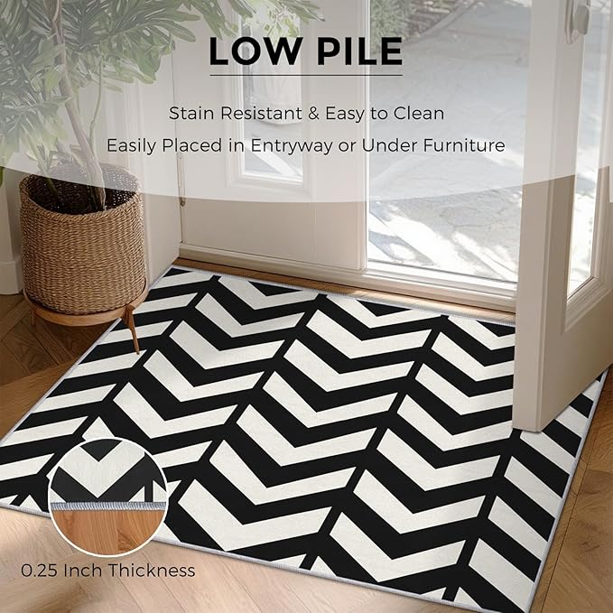 3x4 Black and White Chevron Rugs for Bedroom Decor, Washable Chevron Geometric Pattern Area Rug, Living Room Home Decoration, Non Slip Soft Thin, Modern Zigzag Decor Carpet PF-P 49