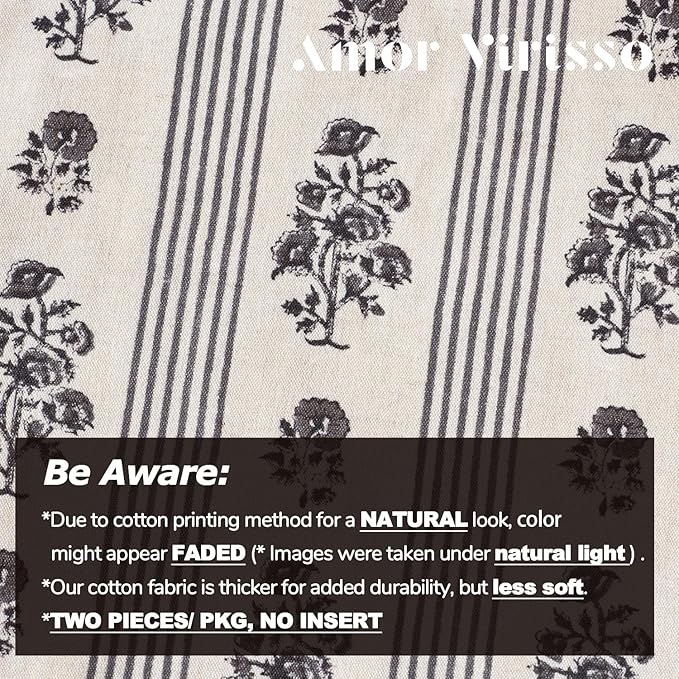 Amor Virisso Floral Throw Pillow Covers 18x18 Set of 2 Block Print Pillow Covers Neutral Floral Striped Farmhouse Decorative Pillow Covers for Sofa Couch Bed, Light Taupe