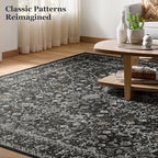 Vintage Charcoal Large Area Rugs 9x12 for Living Room, Earth Tone Dark Big Room Carpet Rug for Bedroom Dining Room, Washable Rug with Rubber Backing Low Pile Thin Soft for Family Room