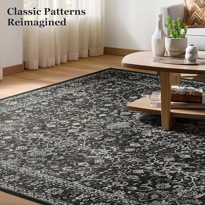 Vintage Charcoal Large Area Rugs 9x12 for Living Room, Earth Tone Dark Big Room Carpet Rug for Bedroom Dining Room, Washable Rug with Rubber Backing Low Pile Thin Soft for Family Room