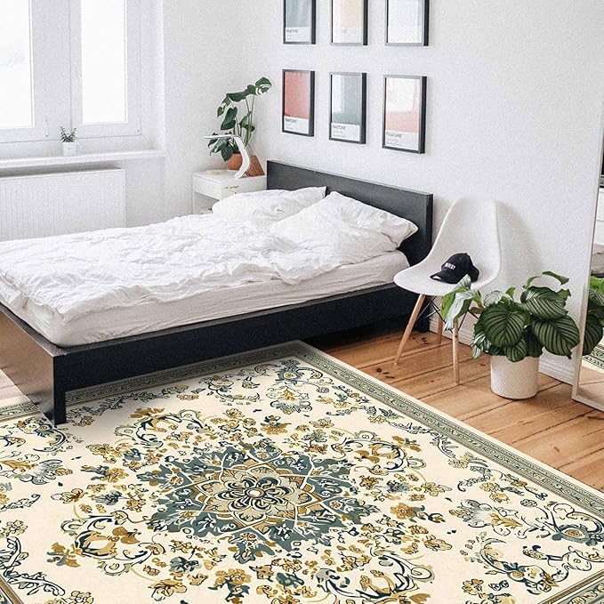 Bohemian Rectangular Area Rugs for Living Room Bedroom 2.8 x 5 ft Vintage Farmhouse Floral Pattern Non-Shedding Soft Low Pile Rug Non Slip Washable Rug for Nursery Entryway Playroom
