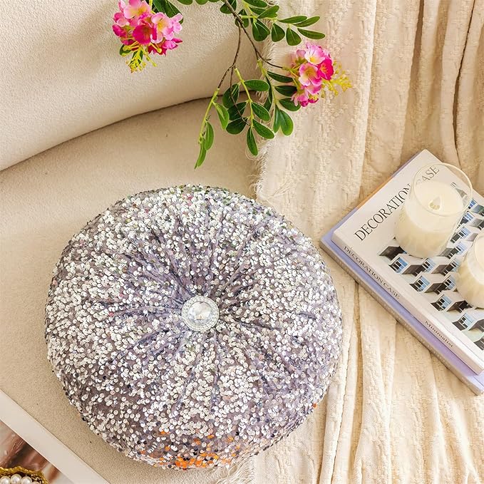 Round Throw Pillow, 13.7" Soft Glitter Sequin Pleated Pumpkin Decorative Round Pillow Circle Floor Pillow Cushions for Sofa Bed Chair Living Room Floor Home Decoration, Silver