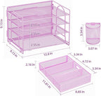 Marbrasse 4-Trays Desk File Organizer with 2 Pen Holder, Desktop Hanging File Holder with Drawer, Paper Letter Tray Organizer (Purple)